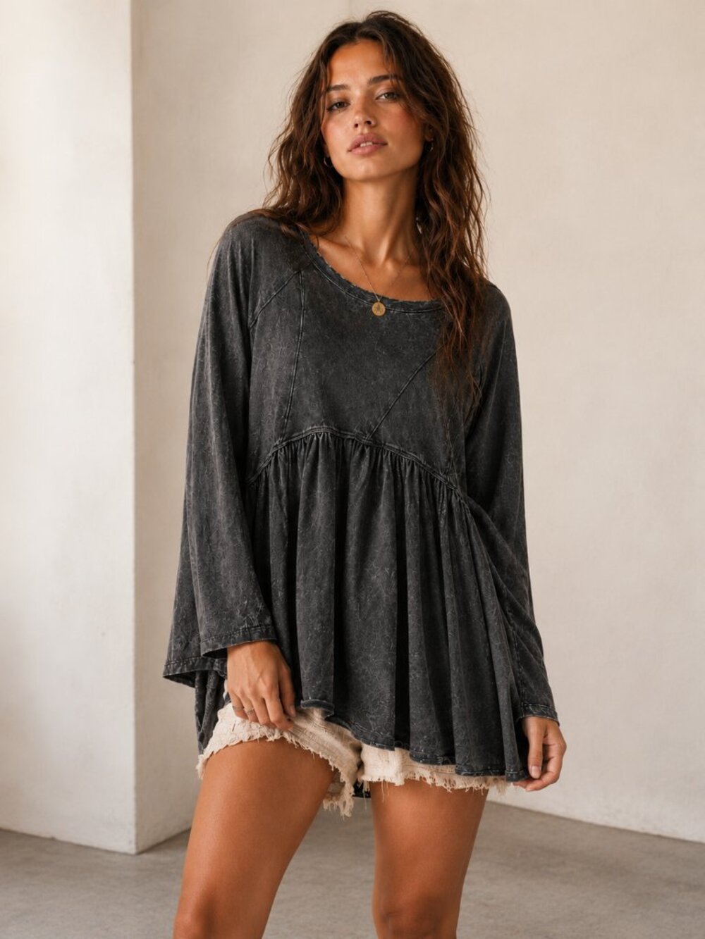 CES FEMME Organic Cotton Washed Black Babydoll Tunic Top Boho Natural Fibers M